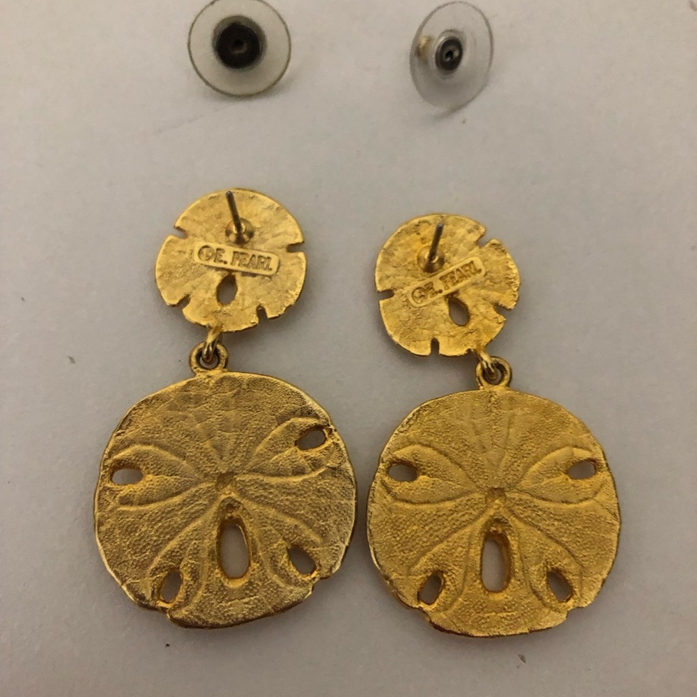 Vintage Erwin Pearl Brushed Gold Sand Dollar Drop Dangle Earrings Crystal Accent - Picture 5 of 6